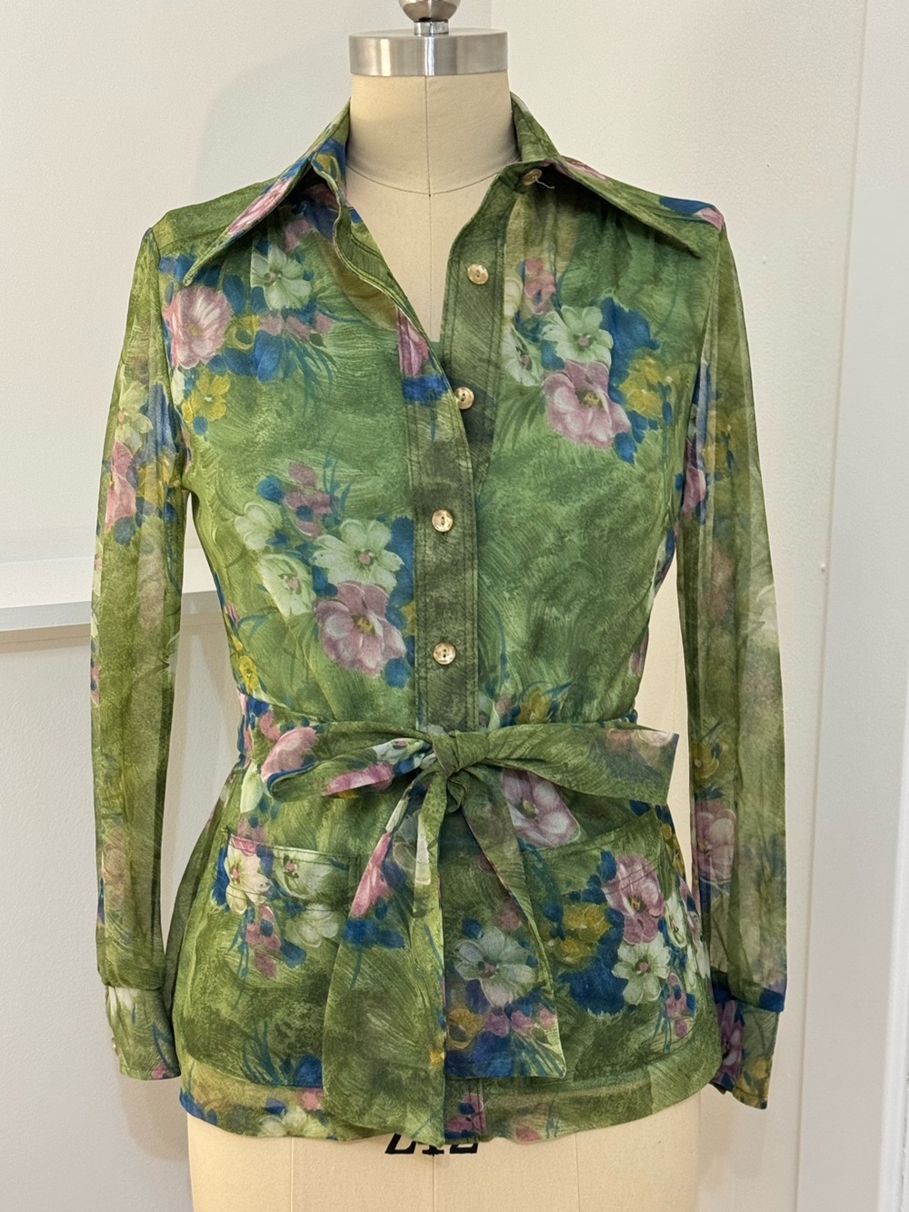 Vintage Green Floral Tie-Waist Button-Up Blouse Pointy Collar